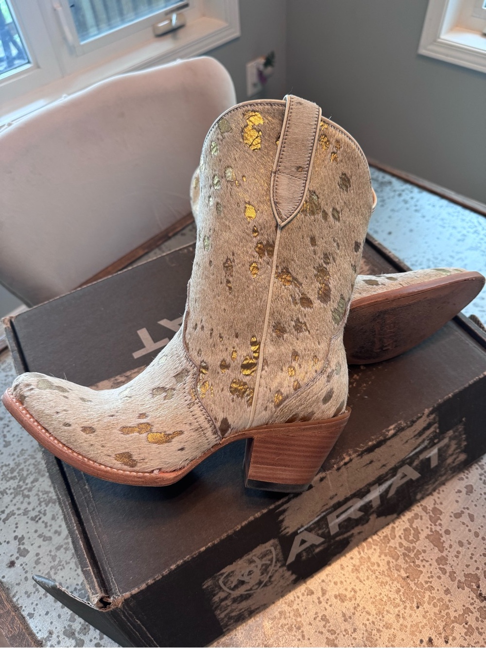 Ariat Beige Haircalf Ankle Boots with Gold Fleck